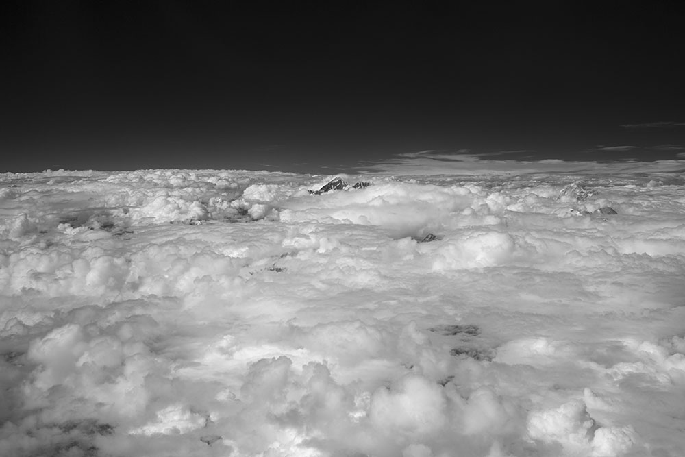 Everest, Lhotse, and Kangchenjunga: infrared aerial photo.